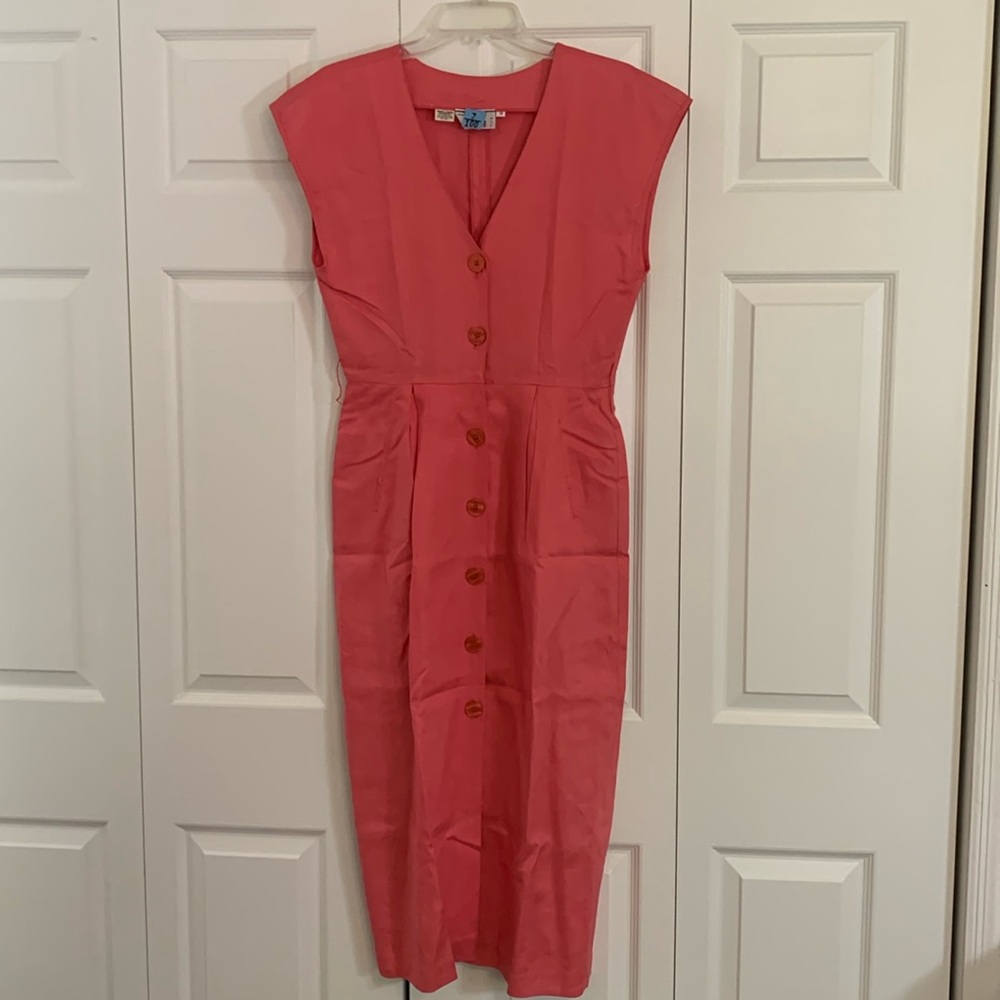 Vintage 80s 90s Linen Button Front Pink Midi Dress Size 10 Back Slit.   M1